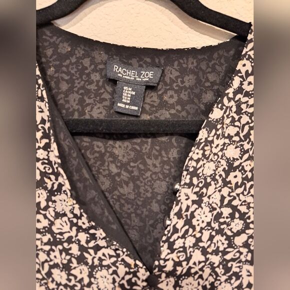 Rachel Zoe Floral Long Sleeve Top Black & Cream, Shiny Gold Flecks Women's sz M - Picture 3 of 9